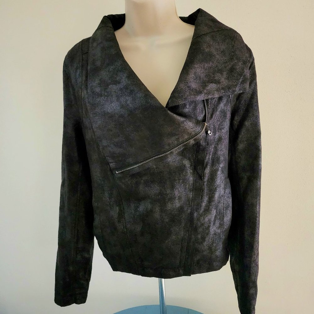 DKNY Women's Grey Acid Wash Look Suede/Leather Side Zip Jacket Size: M